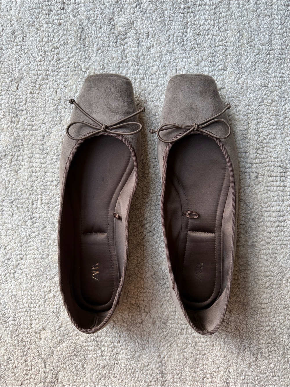 Zara dark Taupe Velvet Square Toe Ballet Flat with bow detail